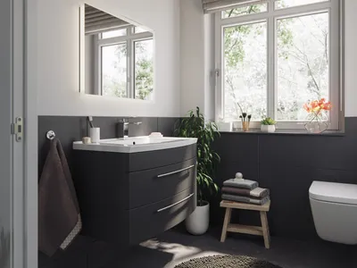 Produktbild von Badmöbel Bella 80 mit runder Front SoftClose anthrazit LED Spiegel : Anthrazit Varianten: Anthrazit