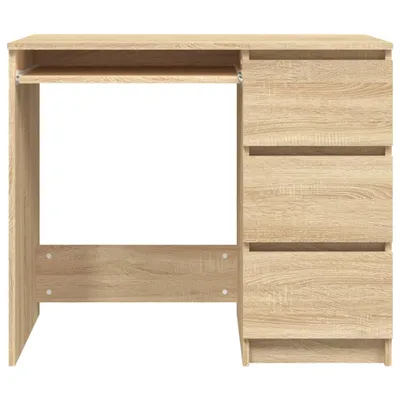 A studio shot of a wooden desk with drawers.