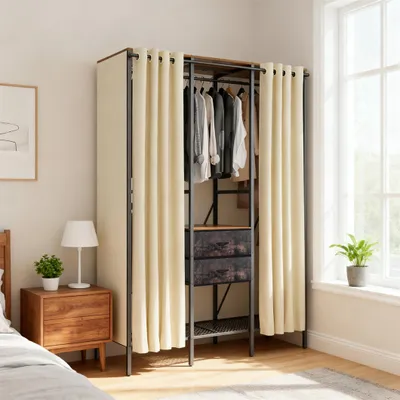 Produktbild von unho Kleiderständer mit Vorhange/Schubladen, Kleiderschrank offen GROß 150 x 50 x 214 cm, Garderobe mit Kleiderstange, Ablagen, platzsparend, Vintage