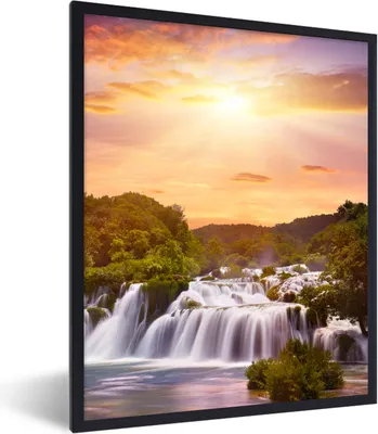 Produktbild von MuchoWow® Gerahmtes Poster Wasserfall - Landschaft - Sonne - Wolken - Sonnenuntergang 60x80 cm - Poster mit Schwarzem Bilderrahmen Wandposter Rahmen Foto Bilder - Premium - Wanddeko Wohnzimmer