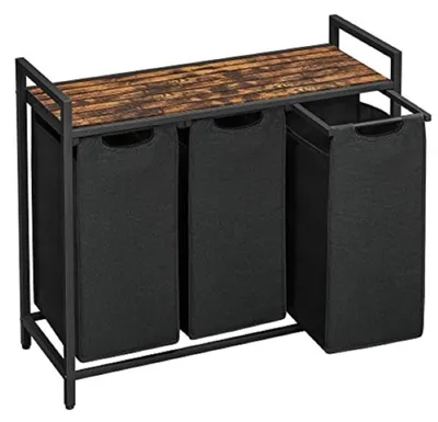 Image de VASAGLE Panier à linge à 3 compartiments, 3 x 38 L, marron vintage/noir, 92,5 x 33 x 72 cm