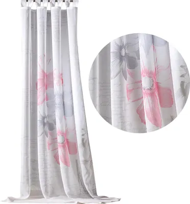 Produktbild von heimtexland ® Schlaufenschal Vorhang Leinen Natur Transparent Deko Gardine HxB 255x140 cm Blumen Lettering Pastell Typ756 Rosa