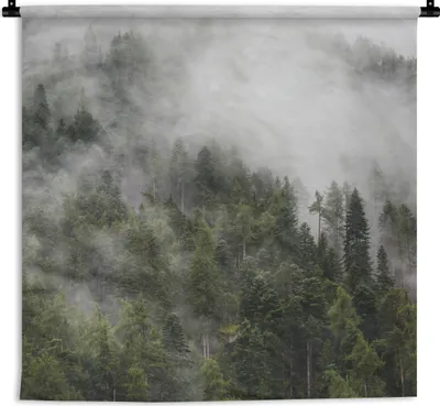 Produktbild von MuchoWow® Wandteppich Wandbehang Wald - Nebel - Berg 90x90 cm Tapisserie Dekoration Wandtuch - Wandaufhänger