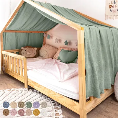 Produktbild von Musselin Hausbett Himmel für Kinderzimmer - Baumwolle mit Gold