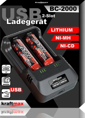 Produktbild von Kraftmax BC-2000 USB Akku Ladegerät für 18650 | 26650 | 14500 | 16340 | CR123 | 3,7V Lithium und Mignon AA | Micro AAA NIMH Akkus - Neueste Version mit Li-Ion Smart Charging
