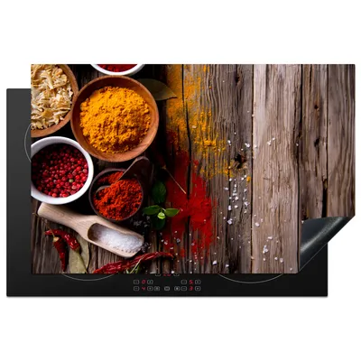 Produktbild von KitchenYeah© Herdabdeckplatte Kräuter - Gewürze - Holz - Löffel - Braun , 81x52cm, Küche Deko, Glaskeramikkochfeld Herdabdeckung, Abdeckplatte fùr Kochfeld