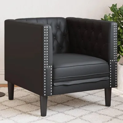 Produktbild von Schwarzer Chesterfield-Sessel aus Kunstleder, 71 cm breit, für Wohnzimmer, Büro und Leseecke, klassisches Design, bequemer Clubsessel mit Knopfheftung, langlebig und pflegeleicht