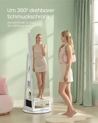 Produktbild von SONGMICS Spiegelschrank mit LED-Beleuchtung, Schmuckschrank drehbar, Aufbewahrung für Schlafzimmer, Schublade, weiß