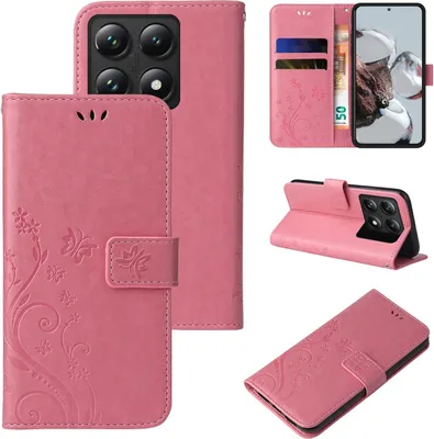 Produktbild von Handyhülle für Xiaomi 14T Floral Blumen Schmetterling Flip Cover Hülle Case Klapphülle Handytasche Farbe: Rosegold