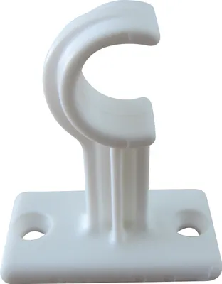 A white plastic bracket for a curtain rod or similar fixture, shown against a white background.