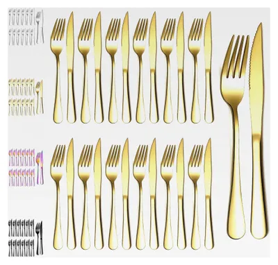 Produktbild von 24-teiliges Steakbesteckset mit Gold Titanbeschichtung aus Edelstahl, 12 Tafelgabeln und 12 Tafelmessern, spülmaschinenfest