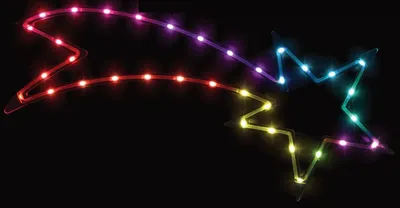 A shooting star decoration made of LED lights on a black background.