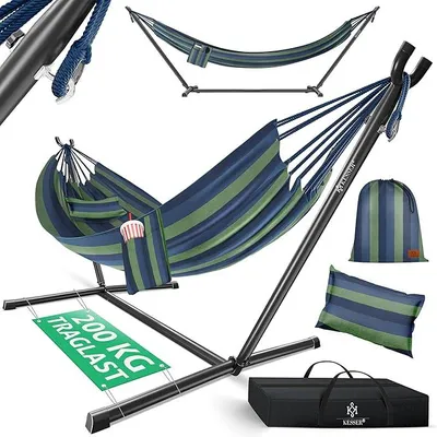 Produktbild von Hängematte Lake mit Gestell, Doppel für 2 Personen, 200kg Belastbarkeit, Indoor & Outdoor, XXL Hängesessel, Garten, Pool, Balkon, Terrasse, Inkl. Kissen, Beutel & Tasche, Blau