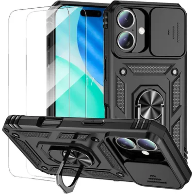 Image de Coque + 2 Verres Trempés pour iPhone 17, Antichoc avec Anneau et Protection Objectif Coulissante - Noir