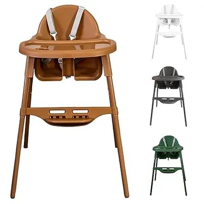 A collage of high chairs in different colors against a white background.