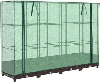 Produktbild von Hochbeet mit Gewächshausaufsatz, stabiles Hochbeet 160x40x123 cm, Polypropylen mit Eisenrohr-Rahmen, wasserfeste Polyethylen-Abdeckung, Rattan-Optik, Reißverschlüsse zur