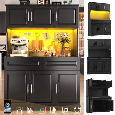 Zdjęcie produktu dla Szafki kuchenne (108 x 40 x 180 cm), szafka wysoka z obsługą za pomocą aplikacji, regulowane półki, schowek z blatem roboczym do kuchni i jadalni, kredensy z oświetleniem LED, kolor czarny