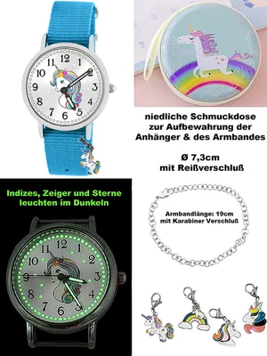 Produktbild von Kinder Armbanduhr Mädchen Einhorn Schmuckset leuchtet im dunkeln wasserdicht Armband hellblau 925