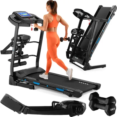 Obrázek produktu pro Gymtek® běžecký pás pro domácnost, podložka pro chůzi, běžecký pás - do 135 kg, 16 km/h - skládací, 12 tréninkových programů - včetně masážního pásu, 2 kg činky