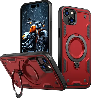 Produktbild von Dual Layer Hülle für iPhone 15 Metall Ring Ständer Magnetisch Stoßfest Militär Handyhülle Rot