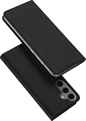 A black flip phone case is shown from a diagonal angle, with the cover open.