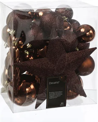 Produktbild von Christbaumkugeln - Weihnachtsbaumkugeln mit Stern Baumspitze - bruchfest - braun - 33er Set