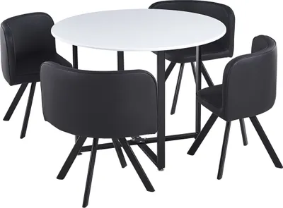 A dining set consisting of a round white table and four black chairs with metal legs.