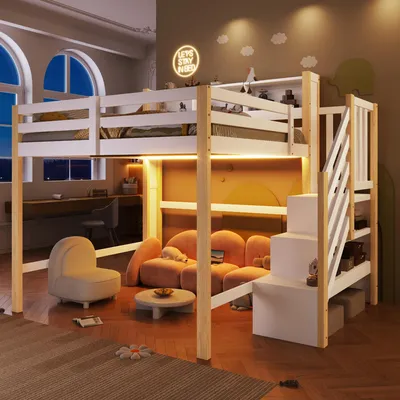 Immagine prodotto di Letto a castello 140x200 cm con illuminazione a LED, scaletta con spazio contenitore, ripiani e ampio spazio sottostante, letto per bambini in legno, senza materasso, bianco/naturale