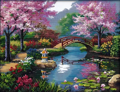 Produktbild von Kreuzstich-Set Sakura 50x40 cm komplettes Set mit Garnen, Nadeln und Kirschblütenmuster zum Sticken