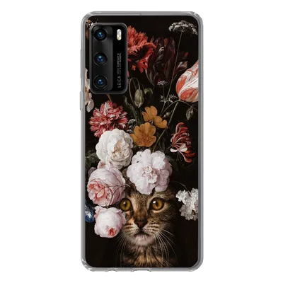 Produktbild von MuchoWow® Handyhülle Schutzhülle Hülle für Huawei P40 Katze - Blumen - Kunst Silikon Softcase Handy Hülle - Handytasche