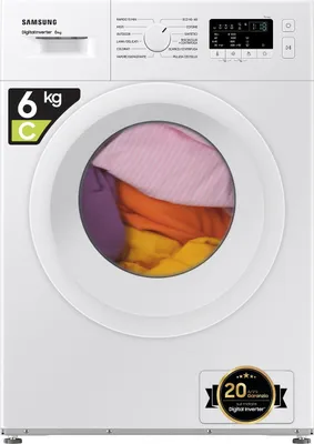 A white Samsung washing machine with laundry inside the drum.