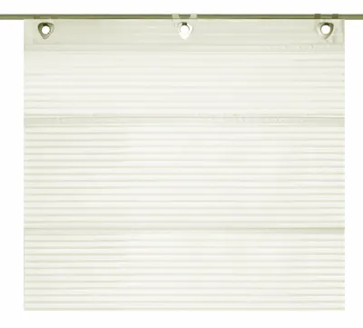 A close-up view of a white roller blind with horizontal pleats, hanging from a rod.