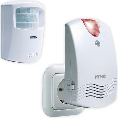 Two white electronic security devices are shown against a white background. One is a motion sensor, and the other is a plug-in alarm with a red light.