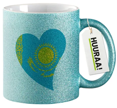Produktbild von Huuraa Glitzertasse Kasachstan Flagge Herz 330ml Blau Keramik Kaffeebecher Geschenkidee