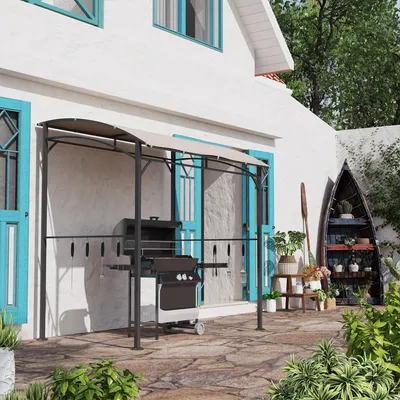 Produktbild von Grillpavillon mit 10 Haken, Gartenpavillon Stahlrahmen wetterfest, Grillüberdachung Polyester, Beige+Schwarz | 215x150x220 cm | UV-Schutz | 15 kg