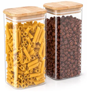Productafbeelding van Arendo voorraadpotten met bamboe deksel, 2 stuks van 1600 ml, luchtdicht met siliconen afdichting, rechthoekige glazen containers van borosilicaatglas, geschikt voor temperaturen van -40 tot 400 °C, transparant