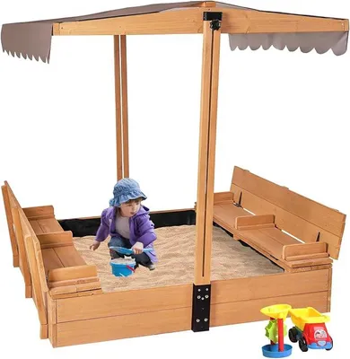Imagen del producto de Caja de arena para niños con cubierta, de 120x120x132 cm, con tapa de madera, ideal para exteriores, con techo abatible y bancos plegables