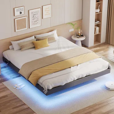 Productafbeelding van IRONCK bedframe, 180x200 cm, zwevend bed met LED-verlichting, bekleed