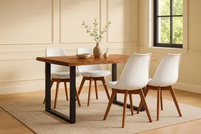Produktbild von 5 TLG. Essgruppe Josy | Esstisch mit 4 Stühlen | 120x80 cm mit Baumkante | Holz Nussbaum-Optik | 40 mm Platte | U-Gestell Schwarz | 4X Schalenstuhl Weiß + Gestell in Nussbaumfarben
