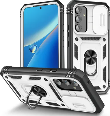 Image de Etui pour Samsung Galaxy A54 avec protection coulissante de l'appareil photo, résistant aux chocs, avec porte-anneau, support et porte-cartes Blanc
