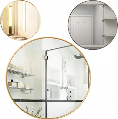 Collage of round mirrors reflecting different bathroom scenes.