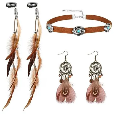 Produktbild von Haarschmuck Set - Indianer-Feather Haarverlängerungen, Leder-Choker, Traumfänger-Ohrringe - Modell SD-XZMJ060