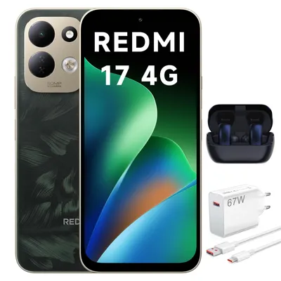 Immagine prodotto di Smartphone Xiaomi REDMI 17 4G, 4GB di RAM, 256GB di memoria, colore verde, display da 6,9 pollici, batteria da 7500mAh, con caricabatterie da 67W e cuffie Bluetooth