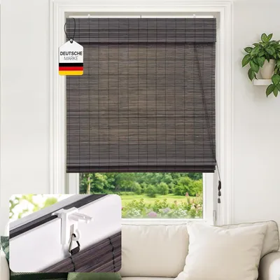 Produktbild von Victoria M. Bambus-Raffrollo, Klemmfix, 80 x 130 cm, dunkelbraun für Fenster & Türen Sicht- & Sonnenschutz, stufenlos mit Zugschnur, ohne bohren, natürliche Optik für Wohnzimmer & Schlafzimmer