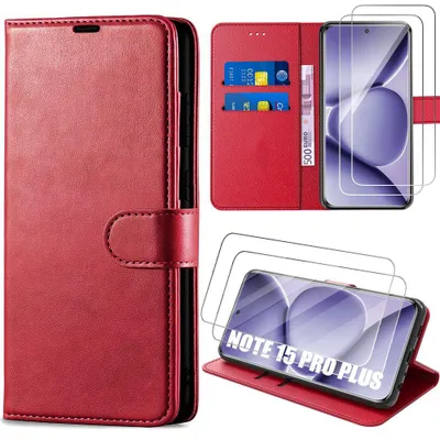 Image de Coque + 2 Verres Trempés pour Xiaomi Redmi Note 15 Pro Plus 5G, Anti-Rayures Antichoc CuirPolyuréthaneRouge
