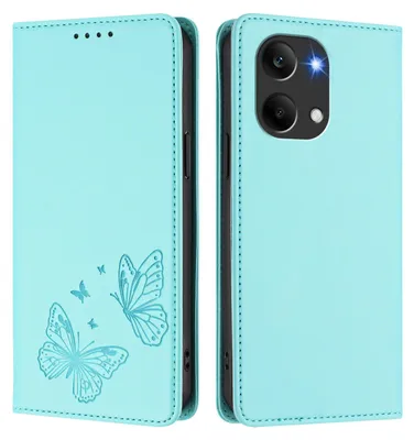 Obrázek produktu pro Kožené pouzdro pro Xiaomi Poco X8 Pro Max/Redmi Turbo 5 Max, motýlí ražbou, peněženkové flip pouzdro se stojánkem Mátově zelená