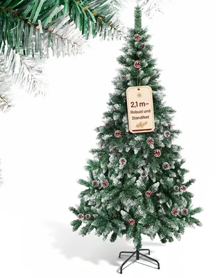 Obrázok produktu pre Vianočný stromček Peviasot, výška 210 cm, umelý, s efektom snehu, 750 vetvičiek, 35 šišiek, umelá borovica s kovovým stojanom