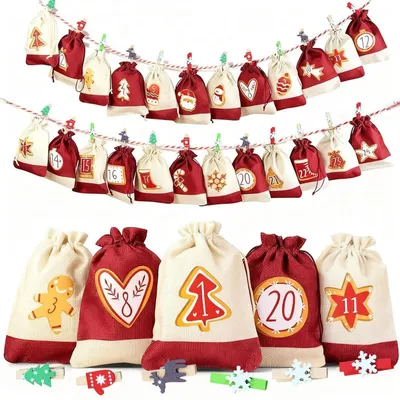 Obrázek produktu pro Adventní kalendář z látky, 24 kusů, rozměry 10 x 14 cm, včetně příslušenství