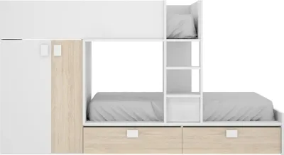 Produktbild von Etagenbett mit Kleiderschrank - 2x 90 x 190 cm - Weiß & Naturfarben - JUANITO