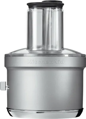 A silver KitchenAid food processor attachment shown from the front.